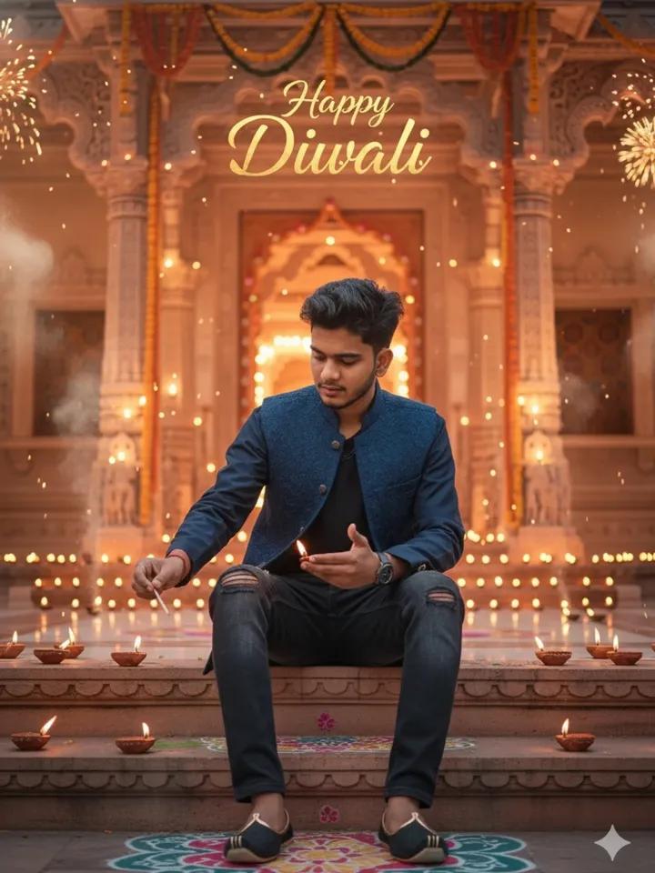Stylish man sitting on stairs 3D 'Happy Diwali'
